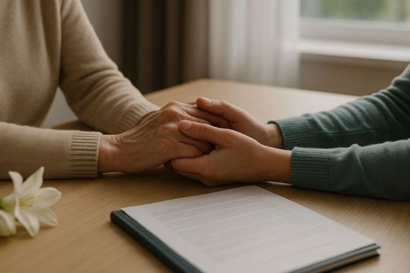 Dos personas tomadas de la mano sobre una mesa, junto a un documento y flores blancas
